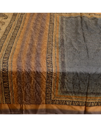 Sanskriti Vintage Sarees Gray Pure Silk Printed Woven Sari Floral Craft Fabric, PR-63631-Gray-Pure Silk-3