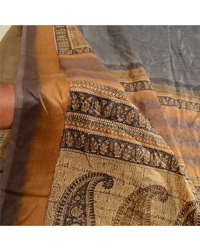Sanskriti Vintage Sarees Gray Pure Silk Printed Woven Sari Floral Craft Fabric, PR-63631-Gray-Pure Silk-5