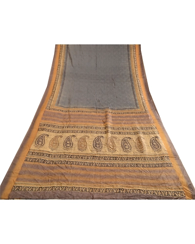 Sanskriti Vintage Sarees Gray Pure Silk Printed Woven Sari Floral Craft Fabric, PR-63631-Gray-Pure Silk-7