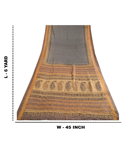Sanskriti Vintage Sarees Gray Pure Silk Printed Woven Sari Floral Craft Fabric, PR-63631-Gray-Pure Silk-8