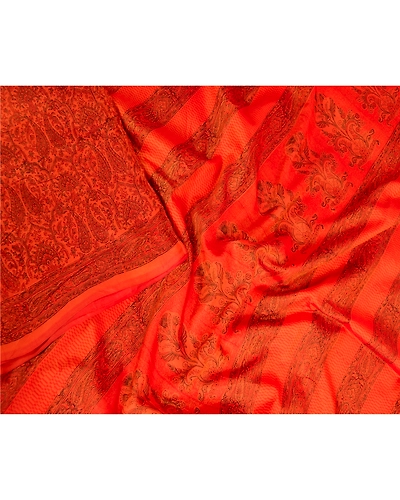 Sanskriti Vintage Sarees Saffron 100% Pure Silk Printed Sari 5Yd Craft Fabric, PR-63648-Saffron-Pure Silk-1