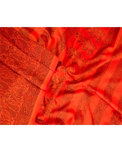 Sanskriti Vintage Sarees Saffron 100% Pure Silk Printed Sari 5Yd Craft Fabric, PR-63648-Saffron-Pure Silk-2