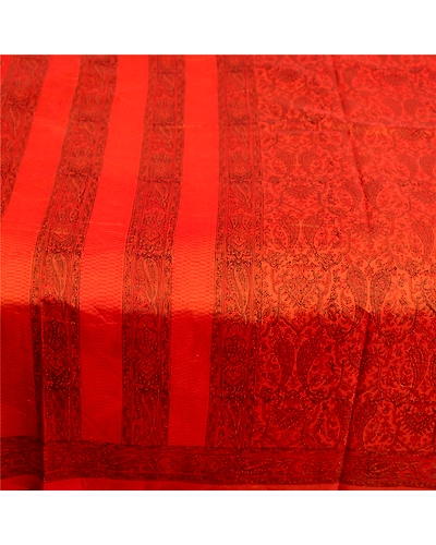 Sanskriti Vintage Sarees Saffron 100% Pure Silk Printed Sari 5Yd Craft Fabric, PR-63648-Saffron-Pure Silk-3