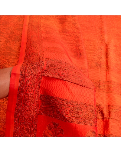 Sanskriti Vintage Sarees Saffron 100% Pure Silk Printed Sari 5Yd Craft Fabric, PR-63648-Saffron-Pure Silk-5