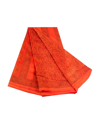 Sanskriti Vintage Sarees Saffron 100% Pure Silk Printed Sari 5Yd Craft Fabric, PR-63648-Saffron-Pure Silk-7