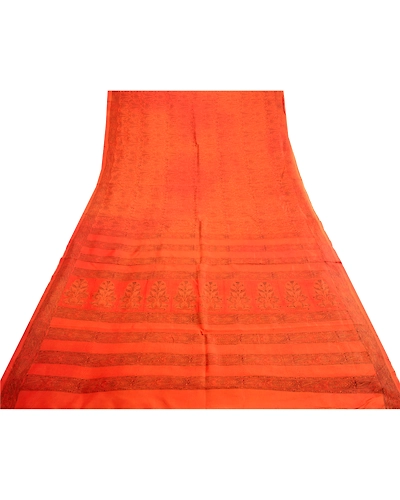 Sanskriti Vintage Sarees Saffron 100% Pure Silk Printed Sari 5Yd Craft Fabric, PR-63648-Saffron-Pure Silk-8