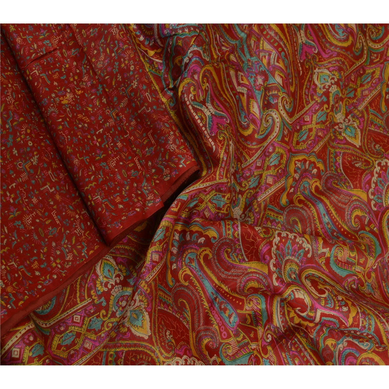 Sanskriti Vintage Sarees Indian Dark Red Pure Silk Printed Sari 5Yd Craft Fabric, PR-63653-Dark Red-Pure Silk-2