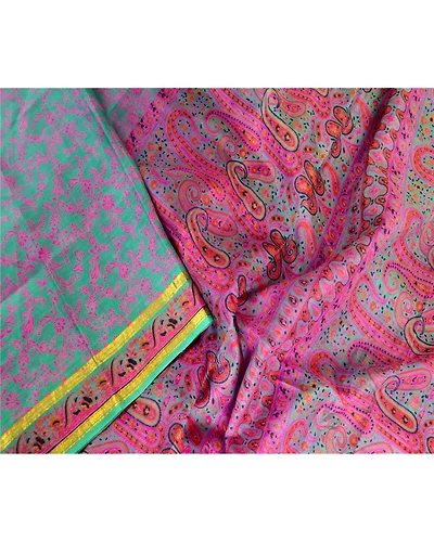 Sanskriti Vintage Sarees Green Zari Border Pure Silk Printed Sari Craft Fabric, PR-63657-Green-Pure Silk-1