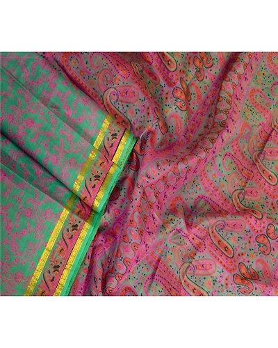 Sanskriti Vintage Sarees Green Zari Border Pure Silk Printed Sari Craft Fabric, PR-63657-Green-Pure Silk-2