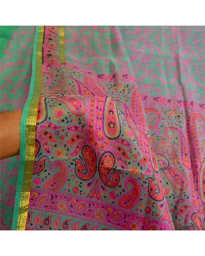 Sanskriti Vintage Sarees Green Zari Border Pure Silk Printed Sari Craft Fabric, PR-63657-Green-Pure Silk-5