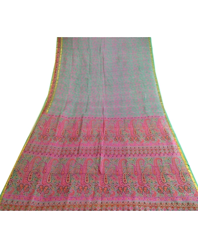 Sanskriti Vintage Sarees Green Zari Border Pure Silk Printed Sari Craft Fabric, PR-63657-Green-Pure Silk-7
