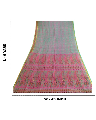 Sanskriti Vintage Sarees Green Zari Border Pure Silk Printed Sari Craft Fabric, PR-63657-Green-Pure Silk-8