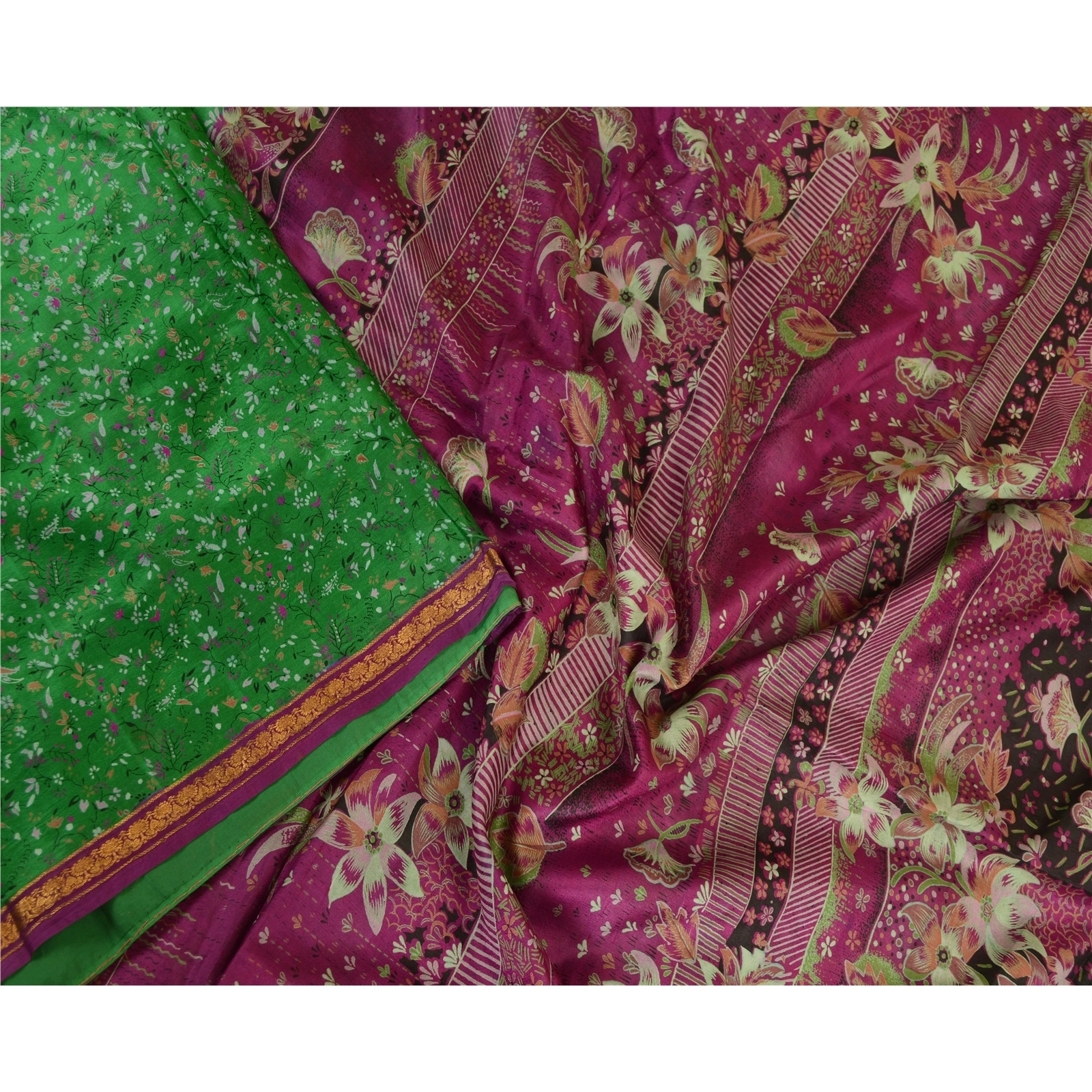 Sanskriti Vintage Sarees Green Zari Border Pure Silk Printed Sari Craft Fabric, PR-63660-Green-Pure Silk-1