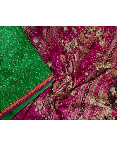 Sanskriti Vintage Sarees Green Zari Border Pure Silk Printed Sari Craft Fabric, PR-63660-Green-Pure Silk-1