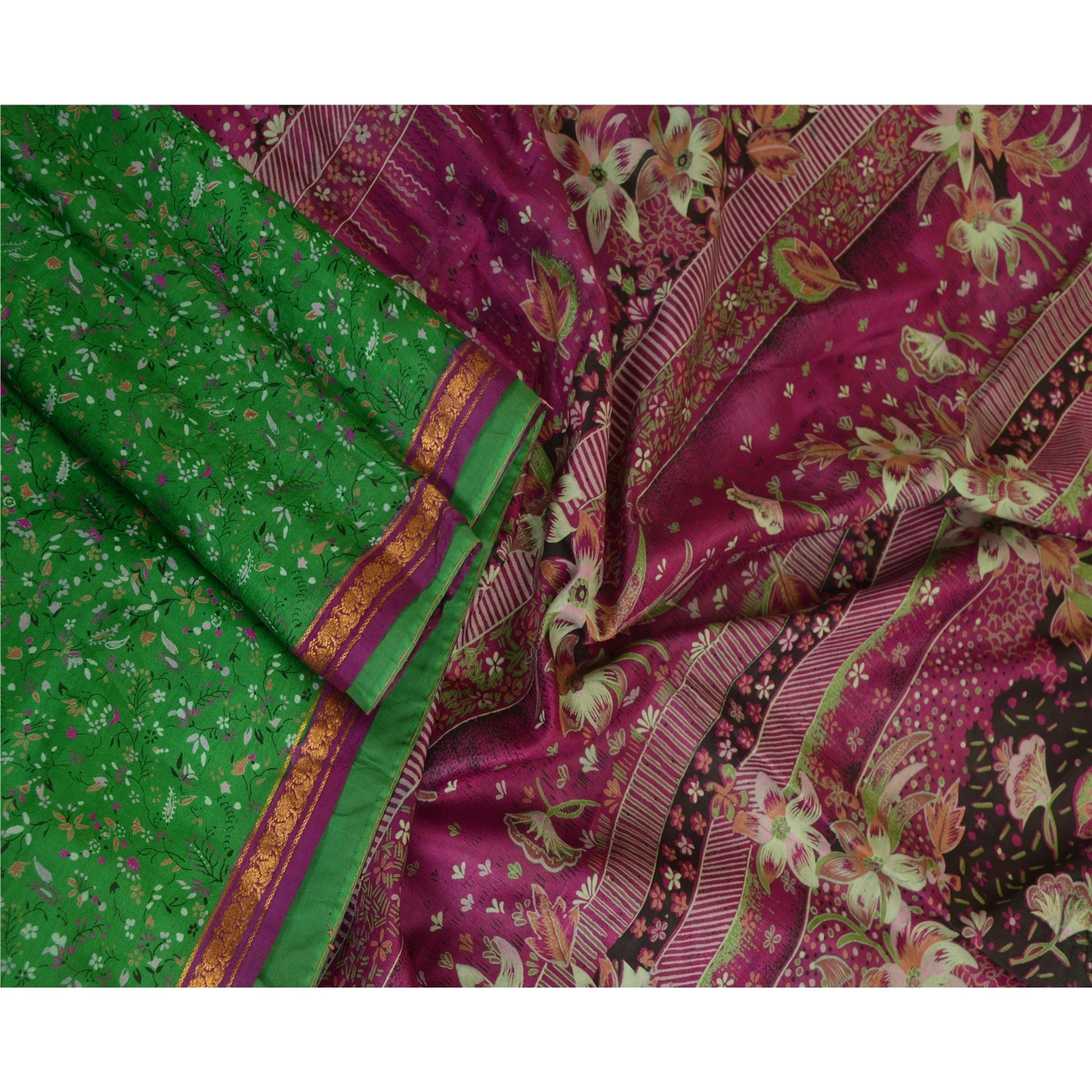 Sanskriti Vintage Sarees Green Zari Border Pure Silk Printed Sari Craft Fabric, PR-63660-Green-Pure Silk-2