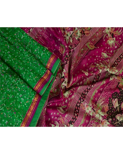 Sanskriti Vintage Sarees Green Zari Border Pure Silk Printed Sari Craft Fabric, PR-63660-Green-Pure Silk-2