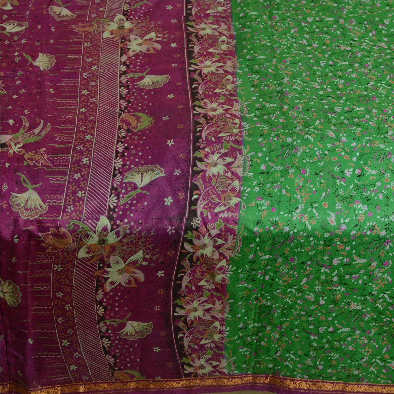 Sanskriti Vintage Sarees Green Zari Border Pure Silk Printed Sari Craft Fabric, PR-63660-Green-Pure Silk-3