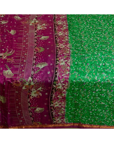 Sanskriti Vintage Sarees Green Zari Border Pure Silk Printed Sari Craft Fabric, PR-63660-Green-Pure Silk-3