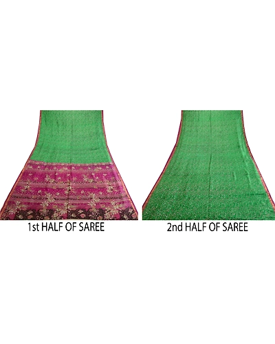 Sanskriti Vintage Sarees Green Zari Border Pure Silk Printed Sari Craft Fabric, PR-63660-Green-Pure Silk-4