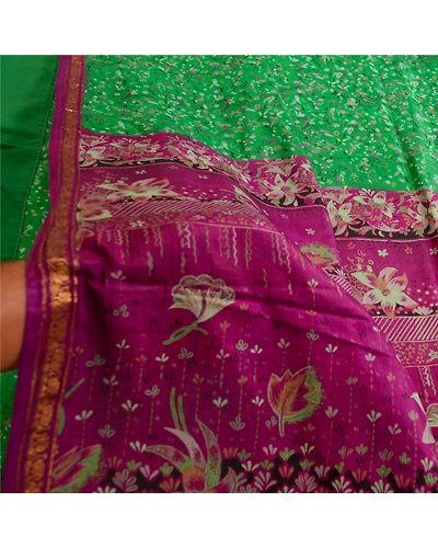 Sanskriti Vintage Sarees Green Zari Border Pure Silk Printed Sari Craft Fabric, PR-63660-Green-Pure Silk-5