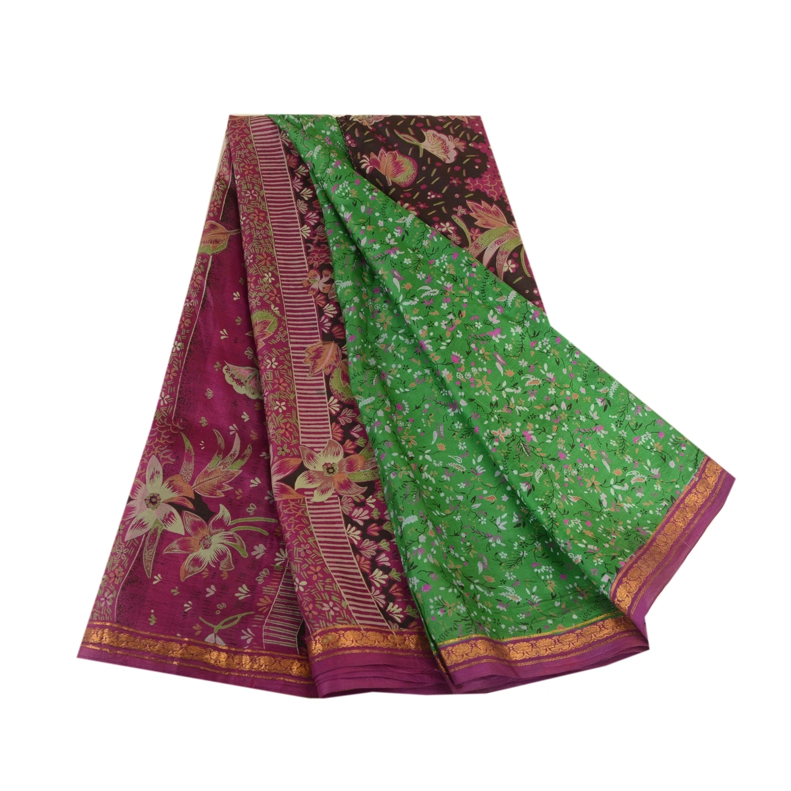 Sanskriti Vintage Sarees Green Zari Border Pure Silk Printed Sari Craft Fabric, PR-63660-Green-Pure Silk-6