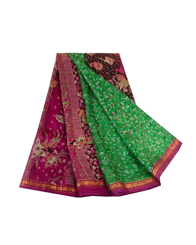 Sanskriti Vintage Sarees Green Zari Border Pure Silk Printed Sari Craft Fabric, PR-63660-Green-Pure Silk-6