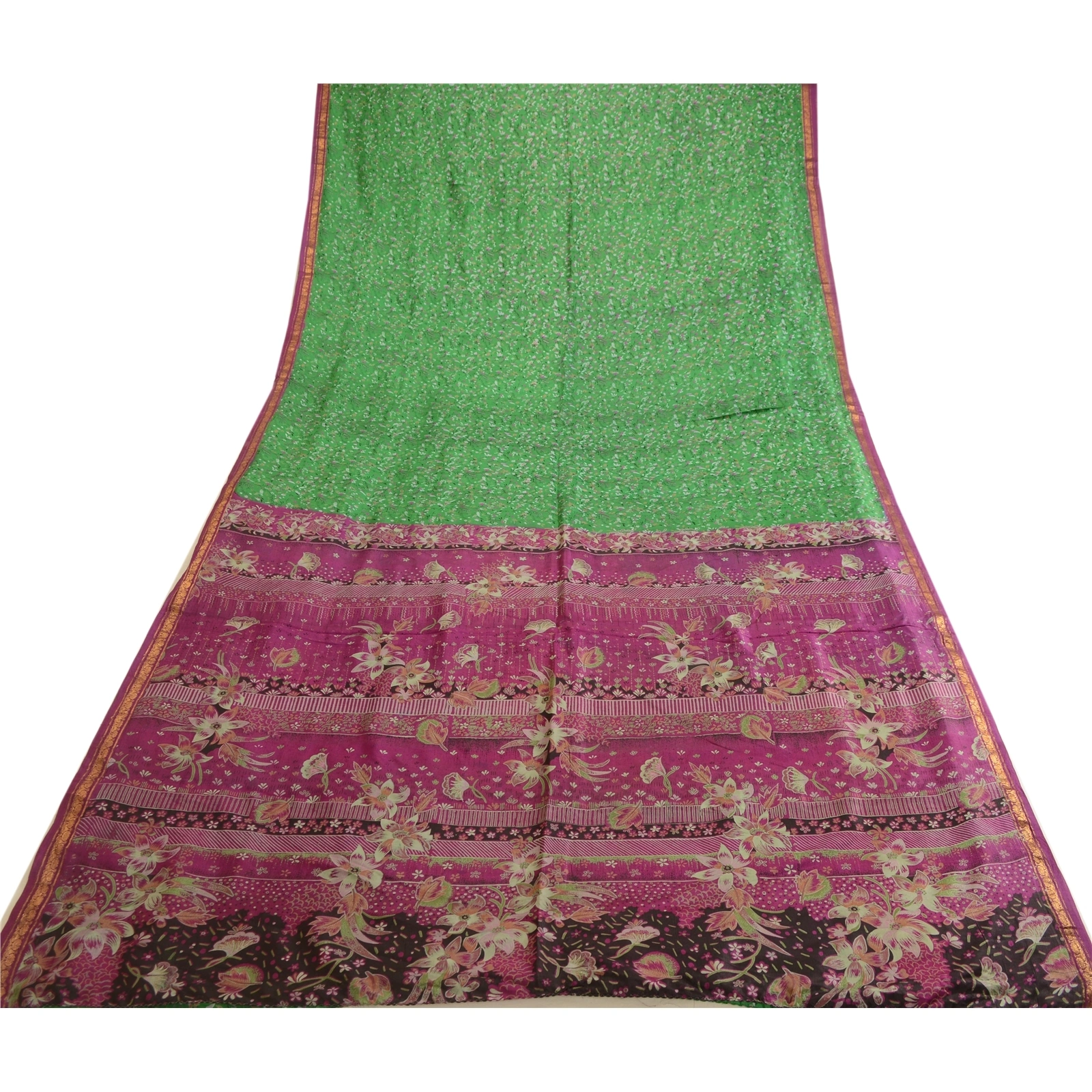 Sanskriti Vintage Sarees Green Zari Border Pure Silk Printed Sari Craft Fabric, PR-63660-Green-Pure Silk-7