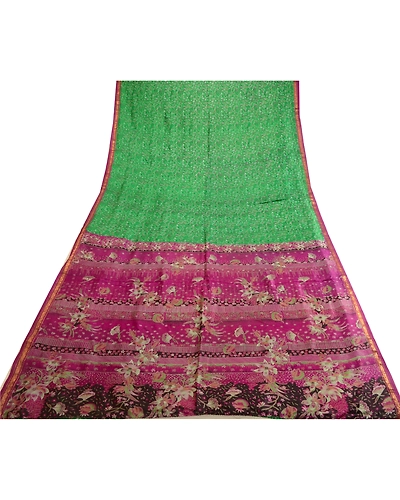 Sanskriti Vintage Sarees Green Zari Border Pure Silk Printed Sari Craft Fabric, PR-63660-Green-Pure Silk-7