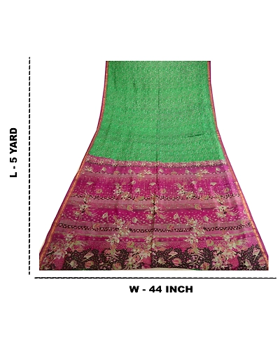 Sanskriti Vintage Sarees Green Zari Border Pure Silk Printed Sari Craft Fabric, PR-63660-Green-Pure Silk-8