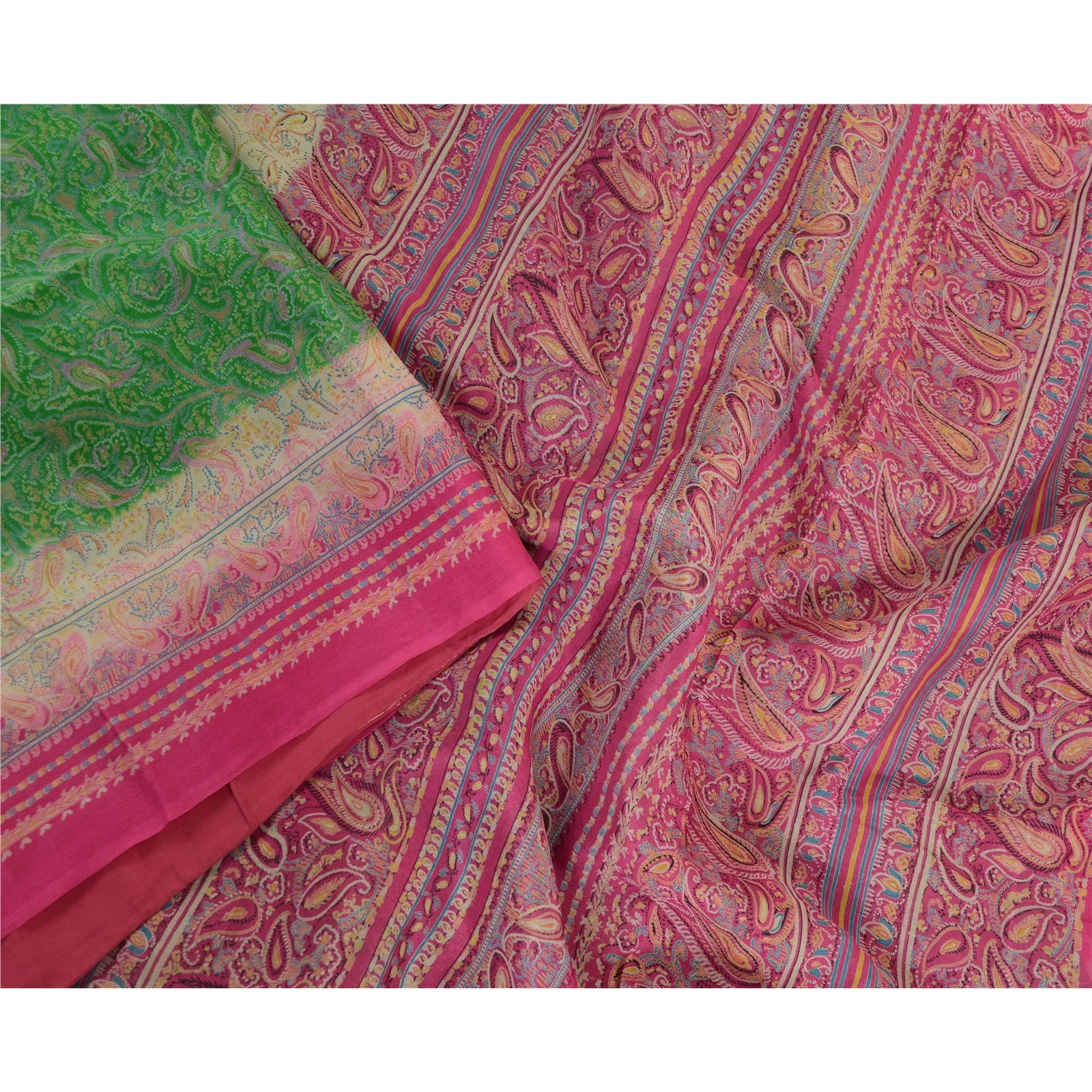 Sanskriti Vintage Sarees Green Indian Pure Silk Printed Sari Soft Craft Fabric, PR-63664-Green-Pure Silk-1