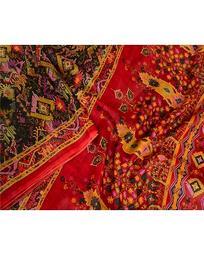 Sanskriti Vintage Sarees Black Pure Silk Printed Sari Soft Floral Craft Fabric, PR-63669-Black-Pure Silk-1