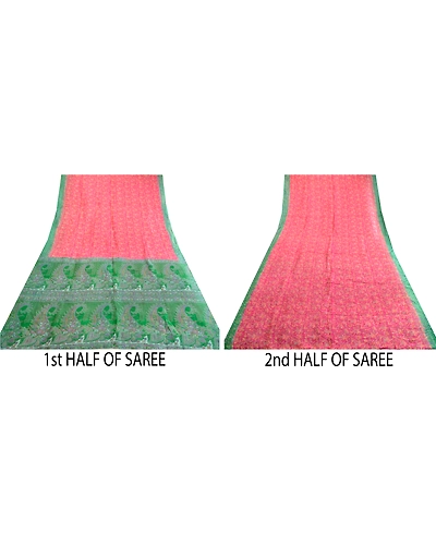 Sanskriti Vintage Sarees Pink Pure Silk Printed Sari Soft Floral Craft Fabric, PR-63670-Pink-Pure Silk-4