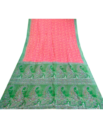 Sanskriti Vintage Sarees Pink Pure Silk Printed Sari Soft Floral Craft Fabric, PR-63670-Pink-Pure Silk-7
