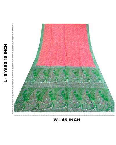 Sanskriti Vintage Sarees Pink Pure Silk Printed Sari Soft Floral Craft Fabric, PR-63670-Pink-Pure Silk-8