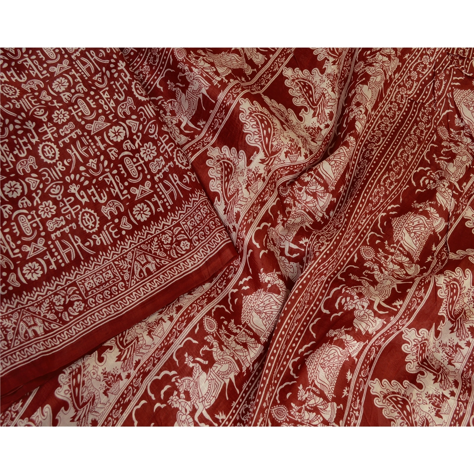 Sanskriti Vintage Sarees Dark Red Human Printed Pure Silk Sari 5Yd Craft Fabric, PR-63677-Dark Red-Pure Silk-1