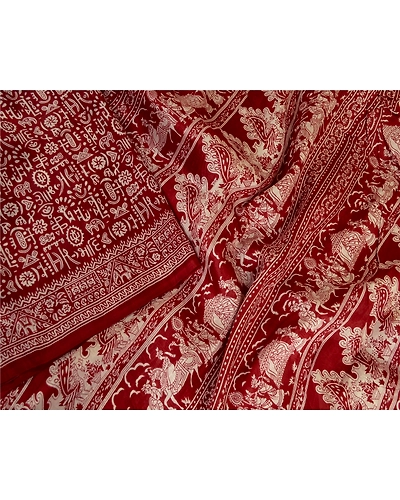 Sanskriti Vintage Sarees Dark Red Human Printed Pure Silk Sari 5Yd Craft Fabric, PR-63677-Dark Red-Pure Silk-1