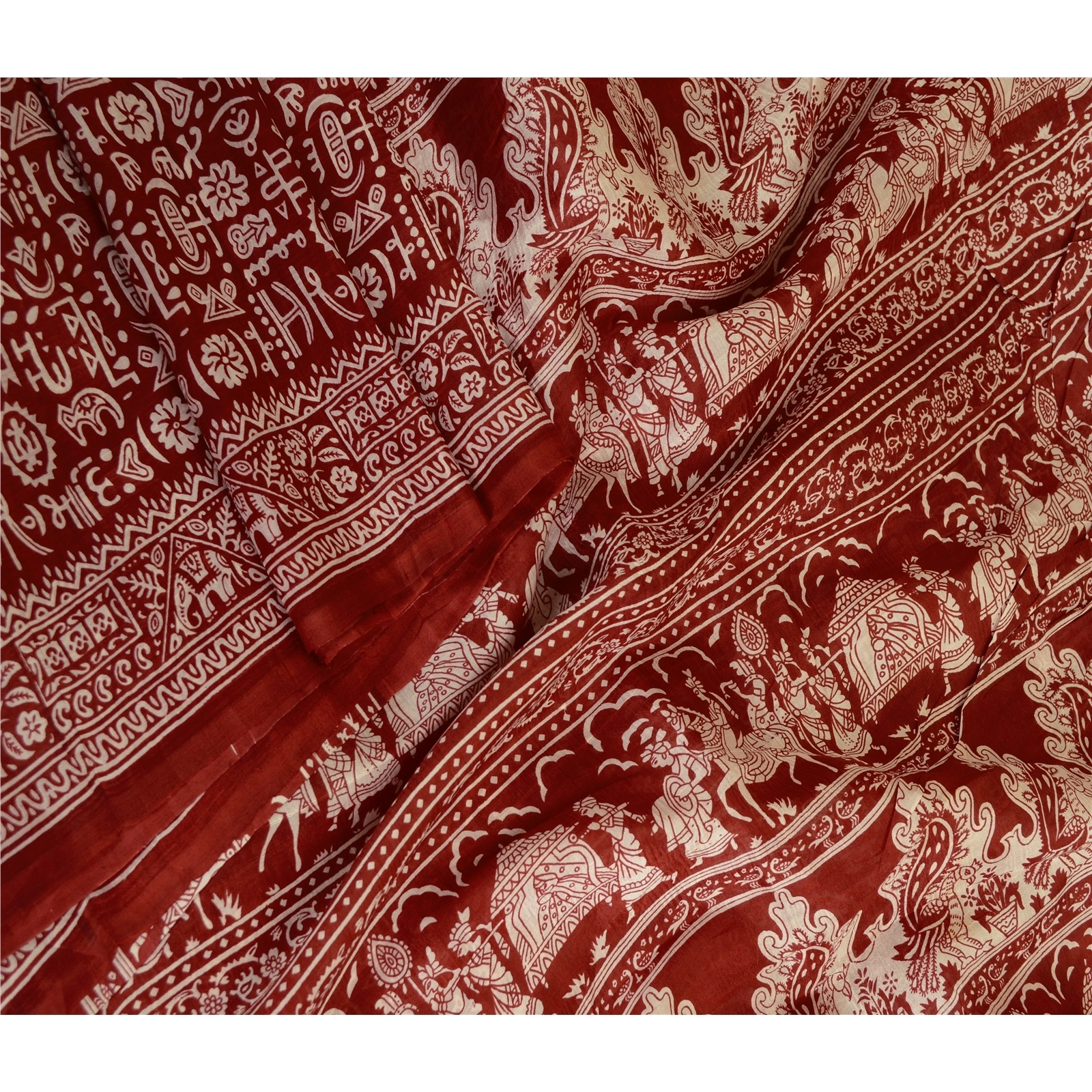 Sanskriti Vintage Sarees Dark Red Human Printed Pure Silk Sari 5Yd Craft Fabric, PR-63677-Dark Red-Pure Silk-2