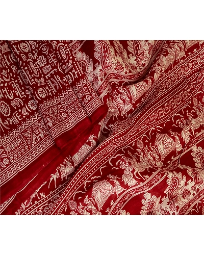 Sanskriti Vintage Sarees Dark Red Human Printed Pure Silk Sari 5Yd Craft Fabric, PR-63677-Dark Red-Pure Silk-2