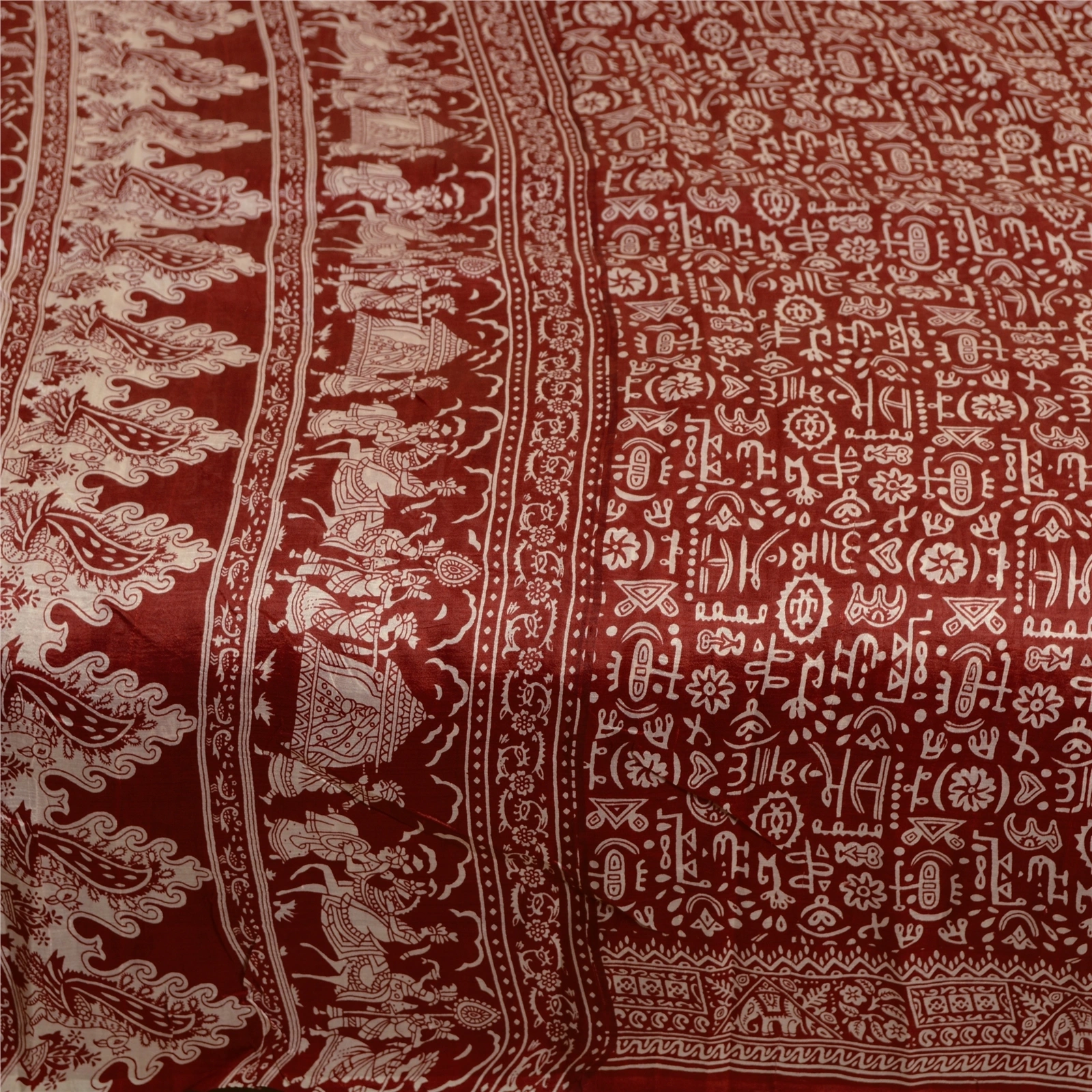 Sanskriti Vintage Sarees Dark Red Human Printed Pure Silk Sari 5Yd Craft Fabric, PR-63677-Dark Red-Pure Silk-3