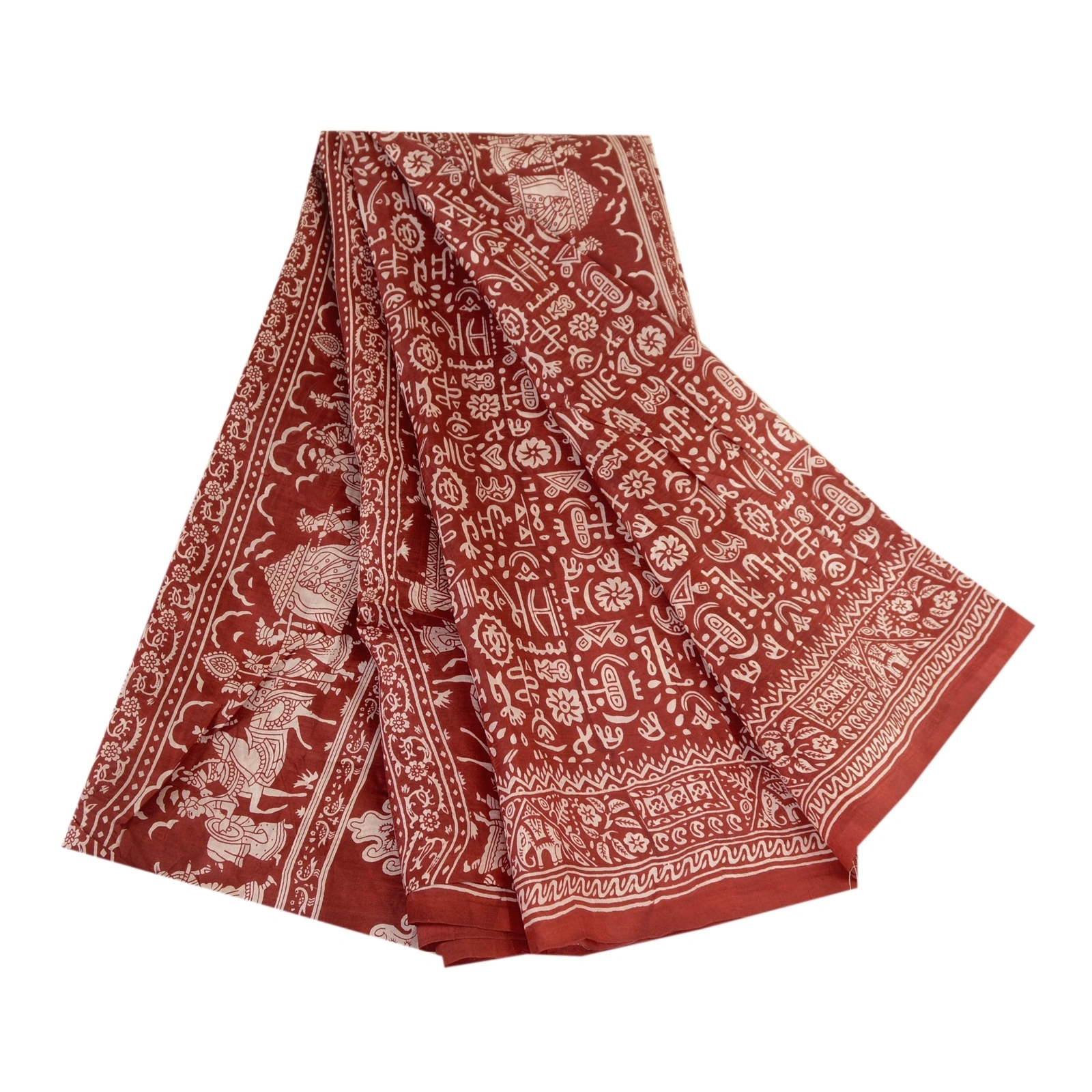 Sanskriti Vintage Sarees Dark Red Human Printed Pure Silk Sari 5Yd Craft Fabric, PR-63677-Dark Red-Pure Silk-6