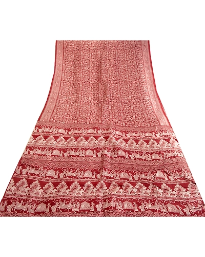 Sanskriti Vintage Sarees Dark Red Human Printed Pure Silk Sari 5Yd Craft Fabric, PR-63677-Dark Red-Pure Silk-7