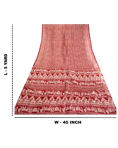 Sanskriti Vintage Sarees Dark Red Human Printed Pure Silk Sari 5Yd Craft Fabric, PR-63677-Dark Red-Pure Silk-8