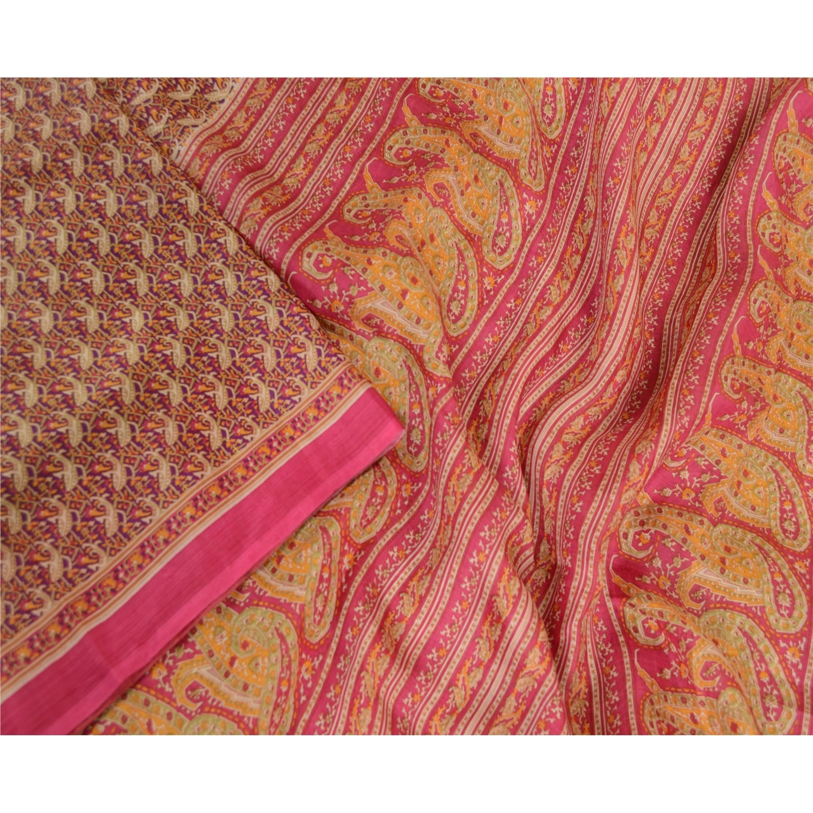 Sanskriti Vintage Sarees Hot-Pink Printed Pure Silk Sari 5Yd Floral Craft Fabric, PR-63680-Pink-Pure Silk-1