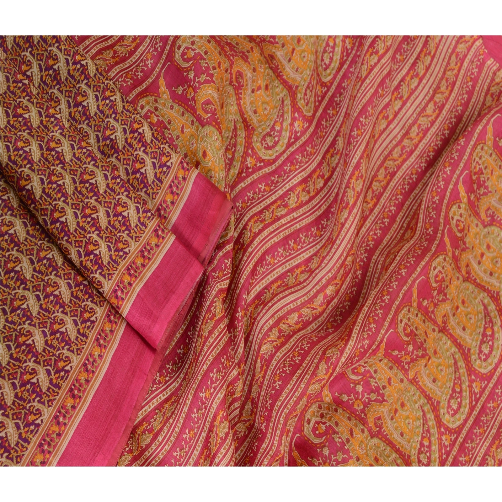 Sanskriti Vintage Sarees Hot-Pink Printed Pure Silk Sari 5Yd Floral Craft Fabric, PR-63680-Pink-Pure Silk-2