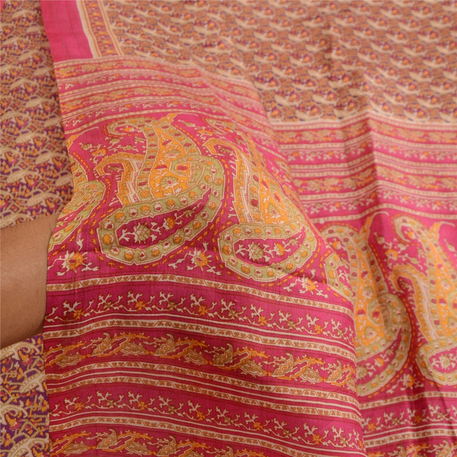 Sanskriti Vintage Sarees Hot-Pink Printed Pure Silk Sari 5Yd Floral Craft Fabric, PR-63680-Pink-Pure Silk-5