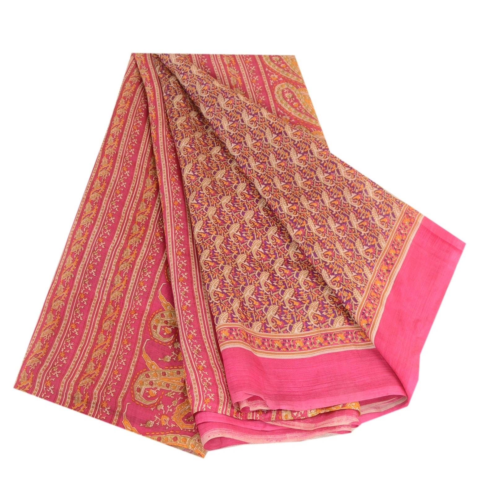 Sanskriti Vintage Sarees Hot-Pink Printed Pure Silk Sari 5Yd Floral Craft Fabric, PR-63680-Pink-Pure Silk-6