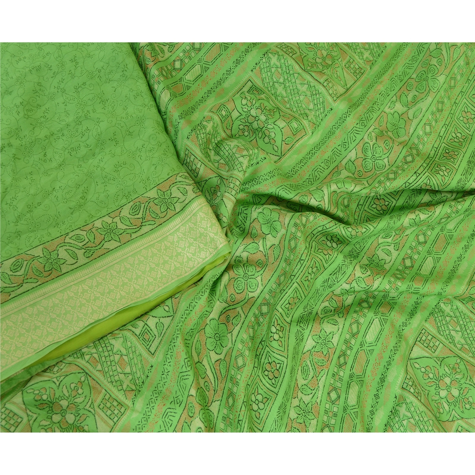 Sanskriti Vintage Sarees Green Printed Pure Silk Sari 5Yd Floral Craft Fabric, PR-63681-Green-Pure Silk-1