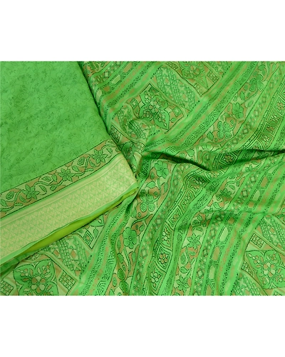 Sanskriti Vintage Sarees Green Printed Pure Silk Sari 5Yd Floral Craft Fabric, PR-63681-Green-Pure Silk-1