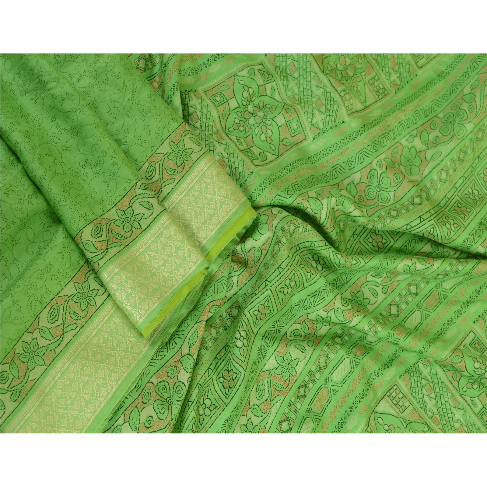 Sanskriti Vintage Sarees Green Printed Pure Silk Sari 5Yd Floral Craft Fabric, PR-63681-Green-Pure Silk-2