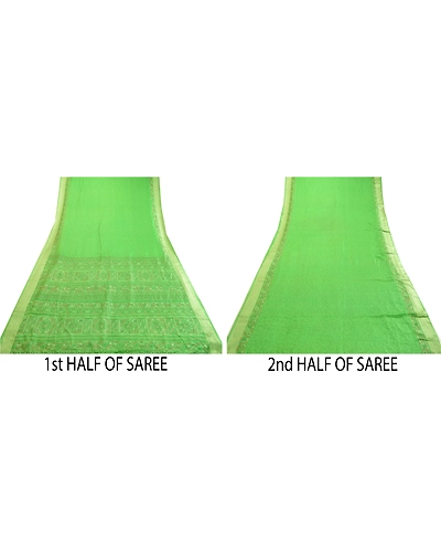 Sanskriti Vintage Sarees Green Printed Pure Silk Sari 5Yd Floral Craft Fabric, PR-63681-Green-Pure Silk-4